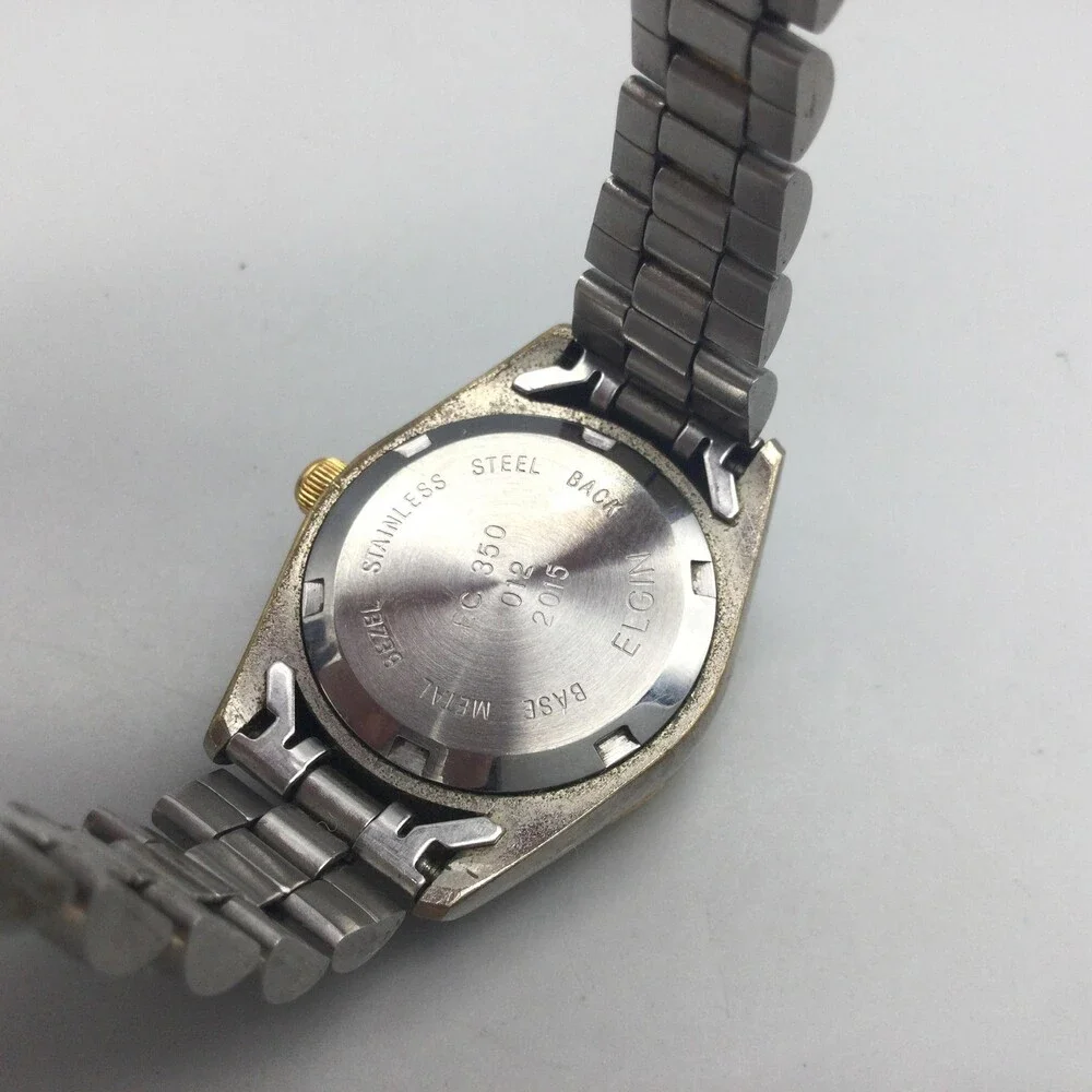 Elgin Womens Watch 25mm Blue Dial Two Tone Date Diamond Fluted New Battery 7